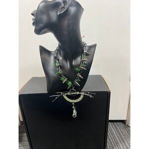 Silver spike green crystal chain with rhinestone steampunk pendant necklace
